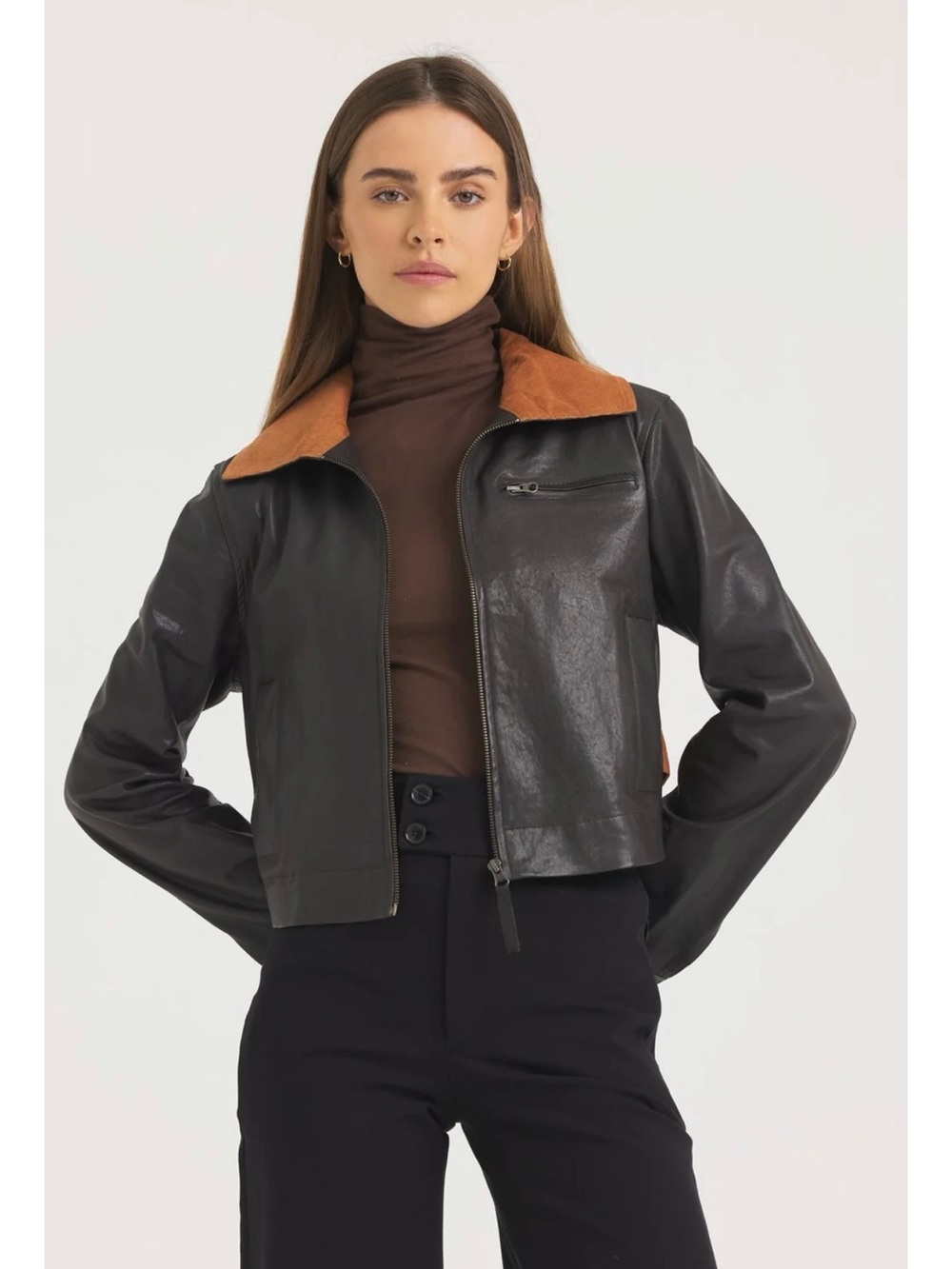 Jakett Moira Leather Jacket with Corduroy Collar and buckle detail